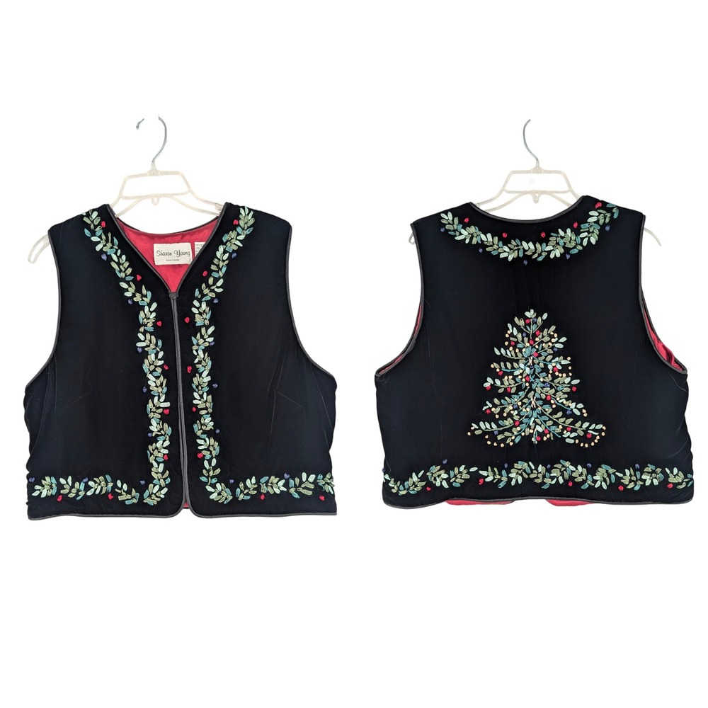 Silk Velvet Black Vest‎ Ribbon Embroidery Christmas Tree Vintage 90s Festive